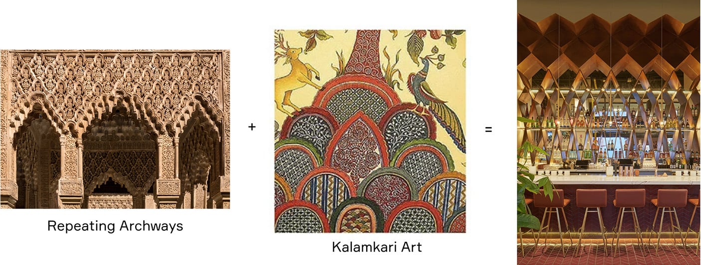 Pippal used forms inspired by Indian architectural motifs - repeating arches abstracted into triangular ceiling planes and millwork.