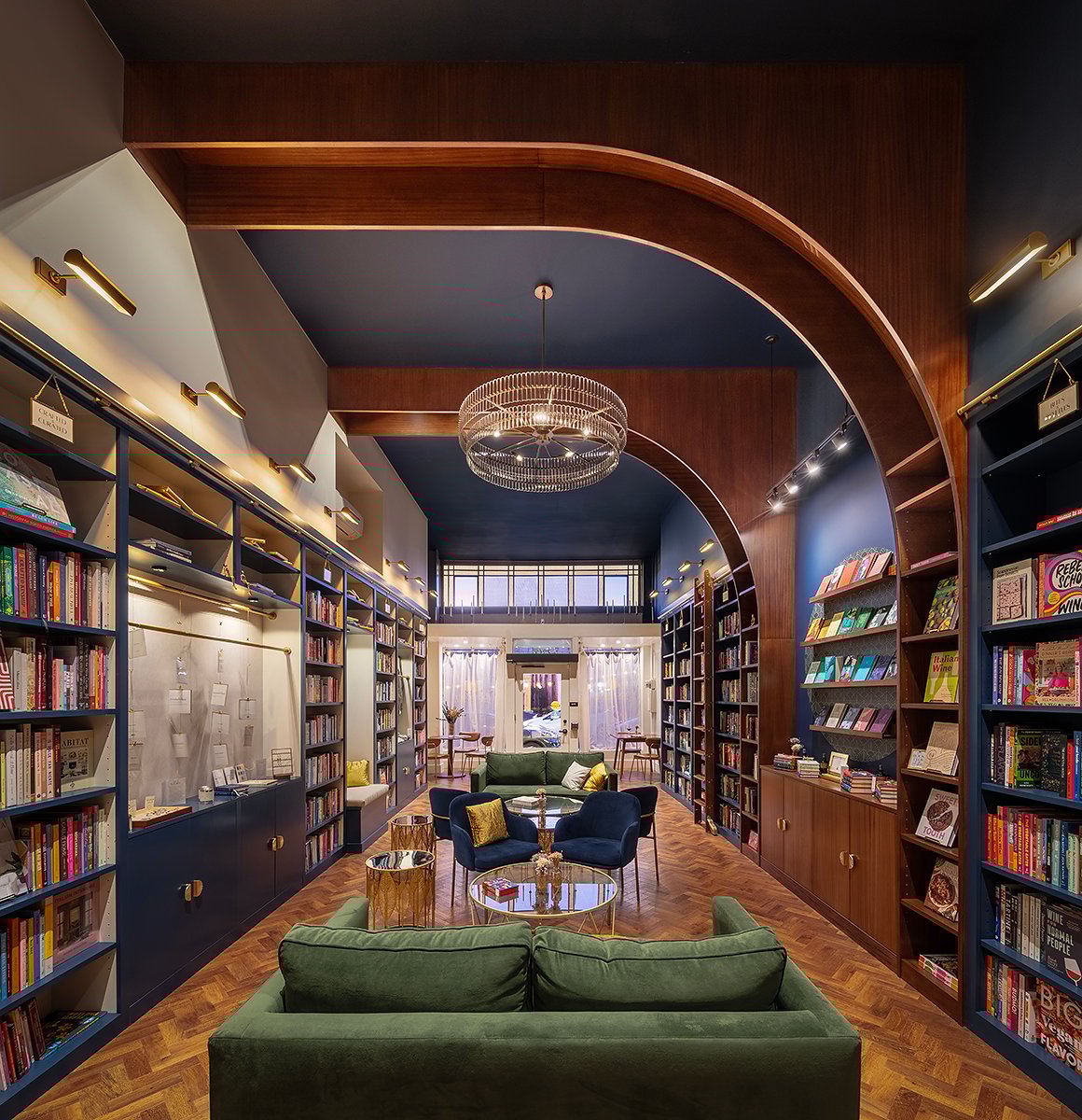 book society couch interior bookshelves